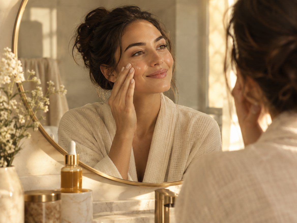 Woman in a cream robe touching her cheek while looking into a round mirror in warm morning light (AI-generated image)