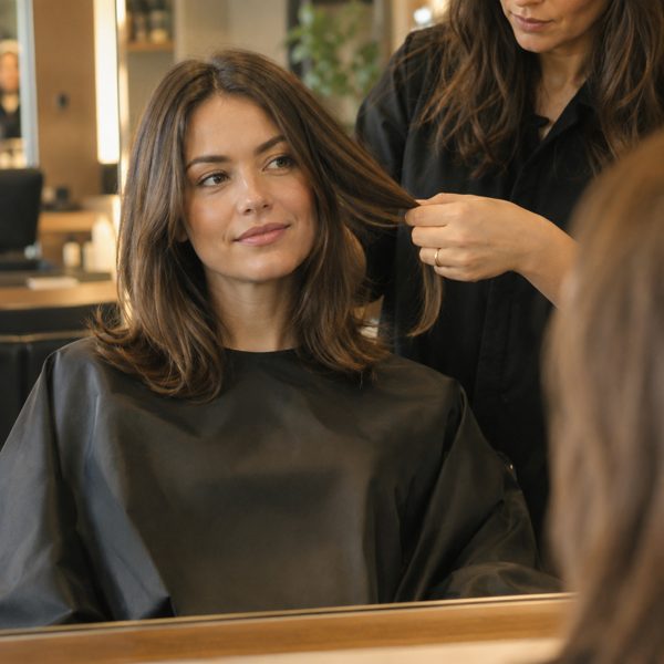 Woman in a salon chair while a stylist lifts a section of her shoulder-length hair, illustrating the hairstyle step (AI-generated image)