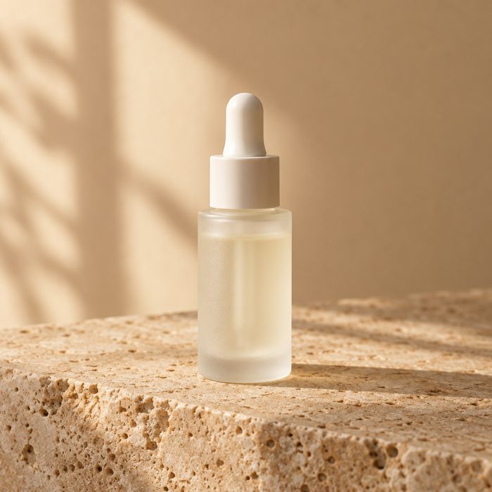 Frosted glass dropper bottle of serum on a travertine block in warm light (AI-generated product image)