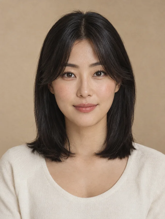 Curtain bangs (hair) Try On rendering on a fictional model, AI-generated