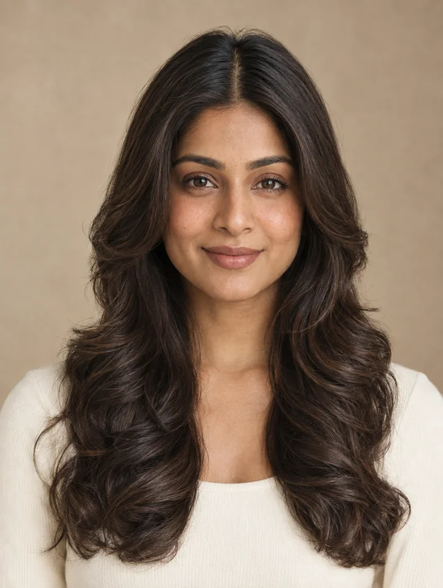 Long layers (hair) Try On rendering on a fictional model, AI-generated
